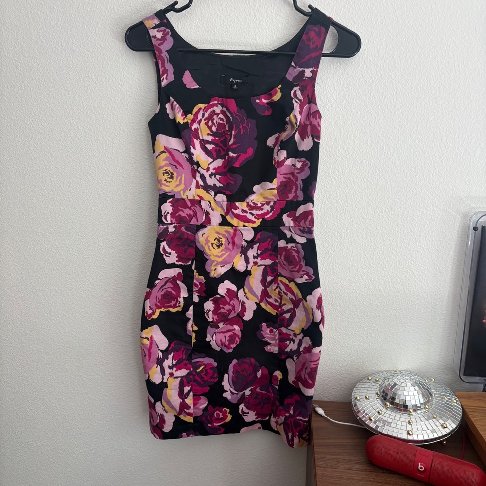 Express Floral Rose Print Sheath Dress Black Pink Purple Sleeveless Mini Size 0